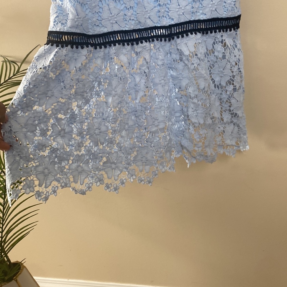 Lulu's Lace Crochet Eyelet Ruffle Hem Mermaid Blue Cocktail Midi Dress Gown - Picture 4 of 10